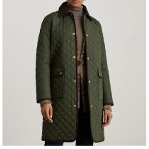 Ralph Lauren Olive Green With Brown Corduroy Long Quilted Jacket Size 2X